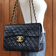 Gorgeous Classic Vintage 90's Chanel Jumbo Xl Shoulder Bag! Black Lambskin Leather With Large Cc Chanel Logo Turnlock Serial Number Intact On Interior : 3238459 Circa: 1994 - 1996 Size (Inch) : W 13.2 X H 8.7 X D 4.3 " /Strap Drop. 19.7 " Size (Cm) : W 33.5 X H 22.0 X D 11.0 Cm /Strap Drop. 50.0 Cm Exterior: Normal - Light Wear For Vintage Bag // Some Minor Rubs And Dirt As Pictured // No Major Damage To Note. *No Holes, Tears Or Smells. Interior: Shows Minor - Normal Signs Of Use, Such As Light Markings And Dirt, But No Major Damage To Note. Hardware: Some Minor Tarnishing And Color Loss. Great Style With Tons Of Life Left! Chanel Xl Flap Bag, 90s Chanel, Chanel Jumbo, Chanel Logo, Vintage Bag, Baddie Hairstyles, Shoulder Bag Black, Vintage Chanel, Vintage Bags