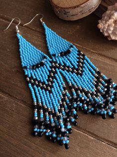 Tribal Earrings Boho Brick Stitch Dangle Earrings Native | Etsy Canada Artisan Black Jewelry With Ear Wire, Summer Festival Jewelry With Black Beads, Bohemian Long Drop Blue Jewelry, Bohemian Blue Long Drop Jewelry, Bohemian Jewelry With Black Beads, Round Shape, Bohemian Jewelry With Black Round Beads, Unique Beaded Teardrop Jewelry, Bohemian Jewelry With Black Beads, Summer Beaded Teardrop Jewelry