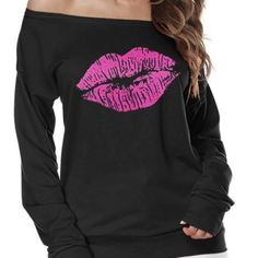 Casual Lip Printed Black Sweatshirt Black Text Print Sweatshirt For Spring, Spring Black Sweatshirt With Text Print, Casual Crew Neck Sweatshirt For Valentine's Day, Valentine's Day Casual Long Sleeve Sweatshirt, Casual Hooded Sweatshirt For Valentine's Day, Long Sleeve T-shirt With Letter Print For Valentine's Day, Valentine's Day Long Sleeve T-shirt With Letter Print, Lips Print, Black Sweatshirt