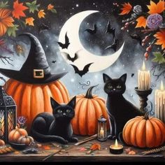 two black cats sitting on a table with pumpkins and candles