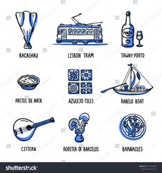 different types of logos and emblems for hotels, restaurants and bars in blue on white background