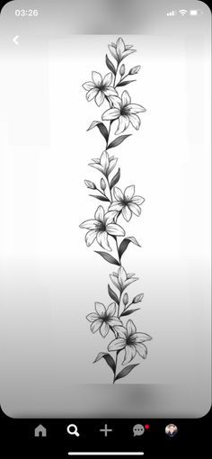 a black and white drawing of flowers on a cell phone with the screen showing an image of