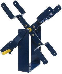 a blue tool holder with tools attached to it's sides and two yellow handles