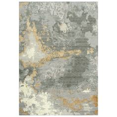 an abstract rug with grey and gold paint on the side, in shades of gray