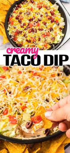 this creamy taco dip is loaded with black beans, cheese and tortilla chips