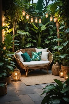 an outdoor seating area with plants and lights