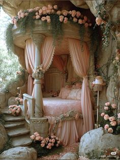 a bedroom with pink curtains and flowers on the bed, in front of a stone wall