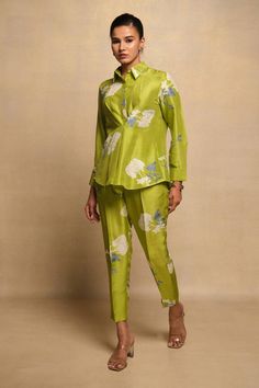 Lime green full cuff sleeves shirt style collared silk top with all over flora print. Paired with a matching pant. - Aza Fashions Flora Print, Pant For Women, Collar Neck, Green Pants, Fashion App, Green Silk, Silk Top, Cuff Sleeves, Aza Fashion