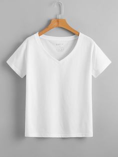 White Basics  Short Sleeve Cotton Plain   Slight Stretch Summer Women Tops, Blouses & Tee White Tshirt V Neck, White T Shirt Women, White Tshirt Women, Curls Tutorial, Basic Clothes, Y2k Shirts, Clothing Closet, T Shirt Branca, Plain White Shirt