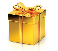 a golden gift box with a bow on it