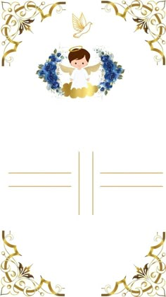 a card with an angel and blue flowers in the center, on top of a white background