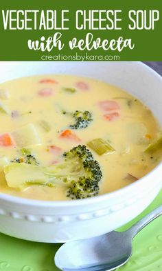 a bowl of vegetable cheese soup with broccoli