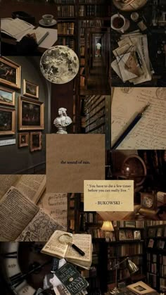 a collage of books and pictures with writing on them, including an old fashioned clock