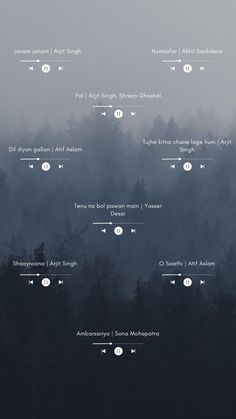 an image of trees in the fog with different types of words on them and numbers