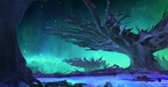 an image of a tree with aurora lights in the background and snow on the ground