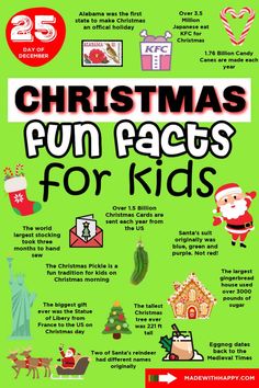 the christmas fun fact for kids is shown in red and green, with pictures of santa claus