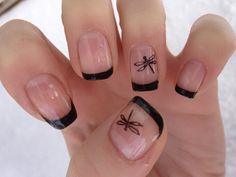 Black French Tip w/Dragonflies French Tip Nails With Dragonfly, Dragon Fly Inspired Nails, Biab Nails Inspiration French, Dragonfly Nails Designs Acrylic, Lowkey Nails, Black Gel X Nail Designs, Dragon Fly Nail Art, Dragonfly Nails Designs, Dragon Fly Nails