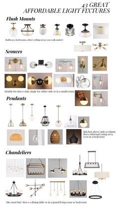 an info sheet showing different types of lamps and lights on the ceiling, including chandeliers