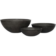 three black bowls sitting next to each other