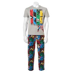 Brand New With Tags, Officially Licensed Men's Size Two-Piece Pajama Set Featuring Marvel Comics Superheroes. Includes A Graphic Tee In Gray Fabric With The Marvel Name Spelled Out In Colorful Stripes With A Red Spider-Man Stripe, Blue Black Panther Stripe, Green Incredible Hulk Stripe, And Yellow Iron Man Stripe, Along With Matching Sleep Pants In Soft Polyester Fleece With Blocks Of Heroes Faces Including Daredevil, Black Widow, Captain America, And Thor As Well. Multicolor Cotton Loungewear Sets, Multicolor Cotton Lounging Sets, Multicolor Cotton Sleepwear Long Pants, Multicolor Cotton Sleepwear Pants, Cotton Graphic Print Sleepwear For Loungewear, Multicolor Cotton Sleepwear With Crew Neck, Cotton Sleepwear With Graphic Print For Lounging, Multicolor Crew Neck Sleepwear For Loungewear, Multicolor Cotton Graphic Print Sleepwear