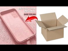 an open cardboard box with a pink phone in it next to a photo of the back of a cell phone