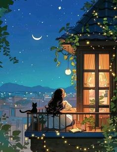 a woman sitting on top of a balcony next to a cat looking out at the night sky