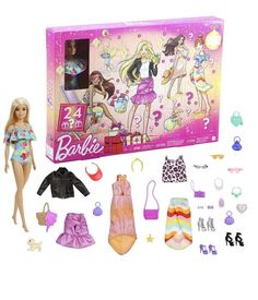 the barbie doll is in its box and it's contents are all packed up