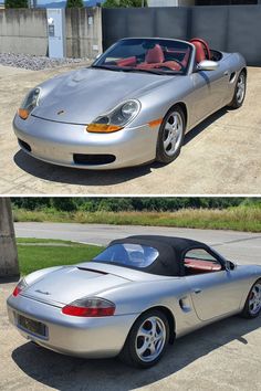 two pictures of a silver sports car parked in front of a house