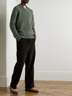 DESIGNED BY MR PORTER. Mr P. pays close attention to knitwear textures. This sweater is made from wool stitched to create a checked effect and has an open polo collar for a relaxed, retro look. Cozy Wool Polo Sweater For Work, Casual Wool Polo Sweater With Textured Knit, Casual Cable Knit Polo Sweater For Work, Polo Sweater, Long Sleeve Polo Shirt, Green Wool, Green Sweater, Polo Collar, Short Suit