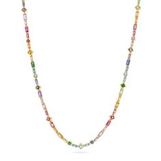 Embark on a journey of elegance and sophistication with The Voyager 18K Gemstone Tennis Necklace. Weighing a luxurious 26.32 grams and measuring 16.75 inches, this exquisite necklace is a true testament to timeless beauty and intricate craftsmanship.The Voyager Necklace features a captivating combination of baguette and princess-cut gemstones in varying sizes, creating a dazzling display that is both unique and mesmerizing. Each gemstone is meticulously set to ensure maximum brilliance and spark Luxury Multicolor Single Strand Necklaces, Luxury Multicolor Single Strand Necklace, Fine Jewelry Yellow Gold Necklaces With Stones, Yellow Gold Necklaces With Cubic Zirconia And Jewels, Fine Jewelry Yellow Gold Necklace With Stones, Yellow Gold Necklace With Cubic Zirconia, Rainbow Gemstones, 18k Gold Necklace, Summer Favorites