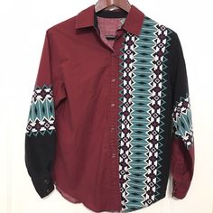 Vintage Handmade pearl snap button shirt - men’s size medium - color: maroon/black/teal/white - geometric print down one size & on sleeves - maroon pearl snap buttons - condition: very good Measurements: shown in pictures Armpit to armpit 19.5 inches Length 25.5 inches Sleeve 22 inches B13 Western Style Long Sleeve Tops For Festival, Western Tops For Women, Navajo Print, Western Blouse, Button Shirts Men, Western Wear Outfits, Pearl Snap Shirt, Country Fashion Women, Square Dance