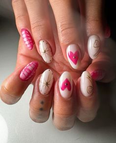 Nail inspo pink white red cute maximalist Nail Inspo Pink, Teen Nails, Hello Nails, Simple Gel Nails, Fire Nails, Dream Nails, Funky Nails, Pretty Acrylic Nails