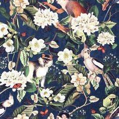 an image of birds and flowers on a blue background that is very similar to the wallpaper