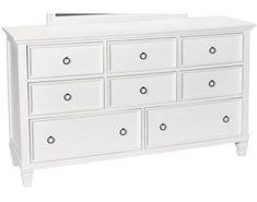 a white dresser with drawers and a mirror on it's top shelf, against a white background