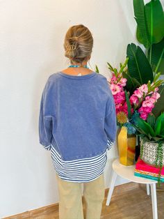 Meet the Sweetest Song Top, your go-to piece that seamlessly transitions from summer to fall! With its perfect weight and vibrant color combination, this top brings a fresh twist to your wardrobe. The acid wash finish and striped pattern sleeves create a playful "two shirts in one" vibe, while the lightweight t-shirt material and henley button closure add a touch of sophistication. Perfect for a weekend brunch, a stroll through the farmers market, or an evening bonfire, style this top with your Casual Navy Color Block Tops, Spring Color Block Loungewear Top, Spring Color Block Lounge Tops, Summer Color Block Tops For Layering, Navy Relaxed Fit Tops For Spring, Navy Long Sleeve Color Block Top, Relaxed Fit Navy Summer Top, Navy Relaxed Fit Summer Top, Navy Color Block Crew Neck Top