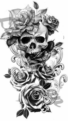 a drawing of a skull with roses on it