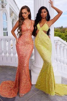 PS22442C Hot Orange Mermaid Fit, Portia And Scarlett, Fitted Gown, Hot Orange, Scarlett Dresses, Embellished Gown, Beaded Bodice, Sequin Gown, Floor Length Gown