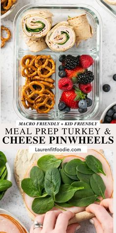 meal prep turkey and cheese pinwheels with spinach leaves, strawberries, blueberries