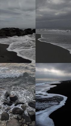 four different shots of the ocean with rocks and water in it, one is black and white