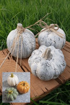 three white pumpkins sitting on top of a piece of wood next to each other