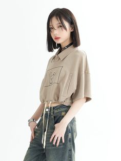 ❤︎Drawstring Short Polo Color Rabbit T-Shirt❤︎ Drawstring Crew Neck Streetwear Top, Spring Streetwear Khaki Top, Khaki Tops For Spring Streetwear, Khaki Top For Spring Streetwear, Spring Khaki Top For Streetwear, Khaki Graphic Print Short Sleeve Tops, Casual Khaki Tops With Graphic Print, Cotton Relaxed Fit Top With Drawstring, Relaxed Fit Cotton Top With Drawstring