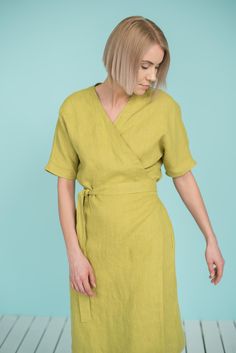 "Linen wrap dress with dolman sleeves falls just below the knees creating feminine, subtle, casually elegant look. Express your freedom, radiate your natural beauty and charm wearing it this summer! Suitable for any time of the day during hot season and super comfortable for maternity period. DETAILS - Loose-fit style - V neckline - Short dolman sleeves - Wide sleeves - Long waist ties - Side seam pockets - 100% midweight European softened (washed) linen fabric - Oeko Tex certified linen - Cut a Green Wrap Dress With Tie Waist, Summer Midi Dress With Kimono Sleeves For Daywear, Summer Wrap Dress With Kimono Sleeves And Belted Waist, Summer Wrap Dress With Kimono Sleeves And Belt, Summer Midi Dress With Kimono Sleeves, Solid Color Spring Wrap Dress, Chic Spring Wrap Dress With Kimono Sleeves, Chic Wrap Dress With Kimono Sleeves For Spring, Fitted Summer Wrap Dress With Kimono Sleeves