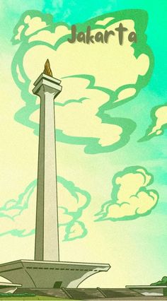 the cartoon character is standing in front of a tall tower with a sky background that says jakart