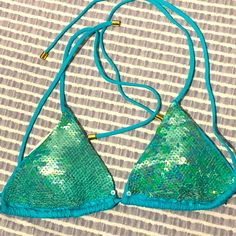 Never Worn Mermaid Bikini Top. Sequins Are Irredescent Seafoam Green With Purple And Blue Hues. Straps Are With Gold Toned Hardware. This Style Is No Longer Available In Stores Or Online. Mermaid Swimwear For Beach Season Party, Party Mermaid Fitted Swimwear, Fitted Mermaid Swimwear For Beach, Fitted Mermaid Beachwear Swimwear, Fitted Mermaid Swimwear For Pool, Festival Beachwear Swimwear With Sequins, Blue Mermaid-style Beachwear Swimwear, Blue Mermaid Swimwear For Poolside, Sequin Beachwear Swimwear For Pool