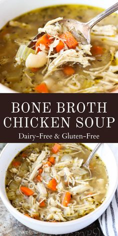 bone broth chicken soup in a white bowl with a spoon