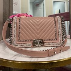 Authentic Chanel Blush Pink Medium Chevron Boy Bag W Silver Hardware Aso Celebs! In Excellent Condition Chanel Boy Bag Chevron, Chanel Blush, Chanel Bags, Stylish Bag, Silver Hardware, Blush Pink, Asos, Blush, Chanel