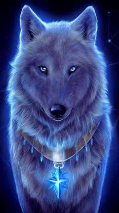 a blue wolf with stars on its collar and neck is looking at the camera while standing in front of a dark background