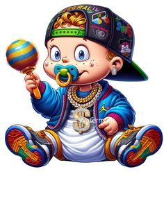 a drawing of a baby with a pacifier in his mouth and wearing a hat