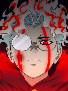 an anime character with red hair and glasses looking at something in front of his face