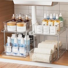 the bathroom is organized and ready to be used as a storage unit for personal care products